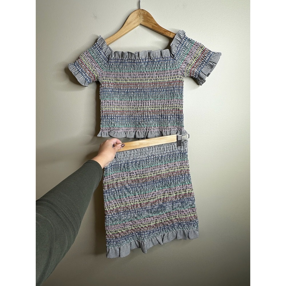 Storia 2 Piece Set Sz L Rainbow Smocked Off the Shoulder Cropped Top & Skirt Y2K